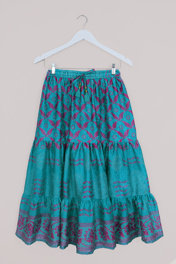 Rosie Midi Skirt - Sparkling Teal Floral - Vintage Indian Sari - Free Size by All About Audrey