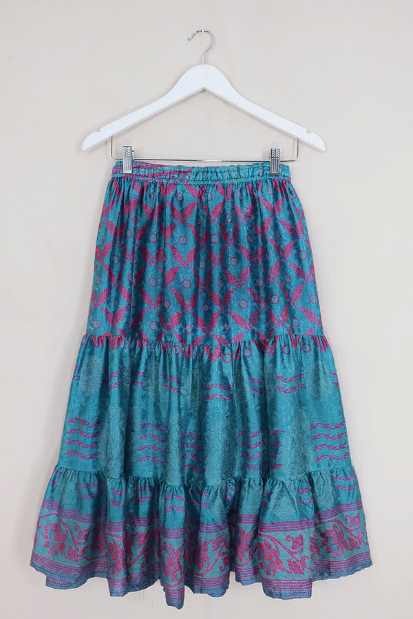 Rosie Midi Skirt - Sparkling Teal Floral - Vintage Indian Sari - Free Size by All About Audrey