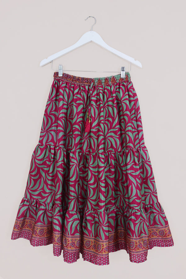 Rosie Midi Skirt - Fiery Magenta & Pale Green - Vintage Indian Sari - Free Size