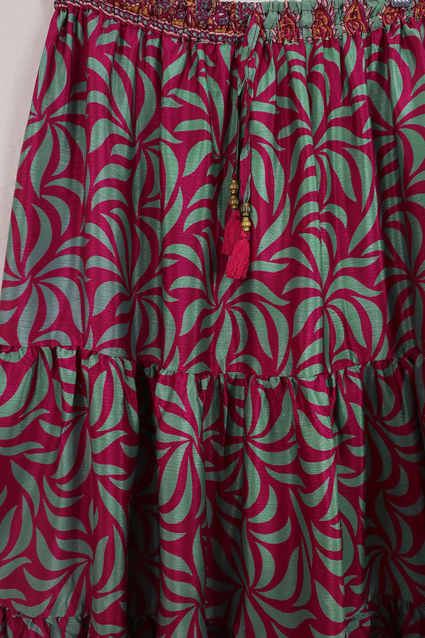 Rosie Midi Skirt - Fiery Magenta & Pale Green - Vintage Indian Sari - Free Size