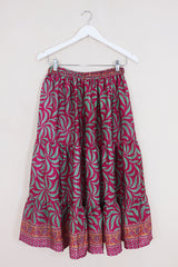 Rosie Midi Skirt - Fiery Magenta & Pale Green - Vintage Indian Sari - Free Size