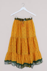 Rosie Midi Skirt - Solar Yellow & Emerald Green - Vintage Indian Sari - Free Size by All About Audrey