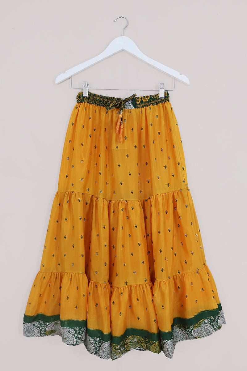 Rosie Midi Skirt - Solar Yellow & Emerald Green - Vintage Indian Sari - Free Size by All About Audrey