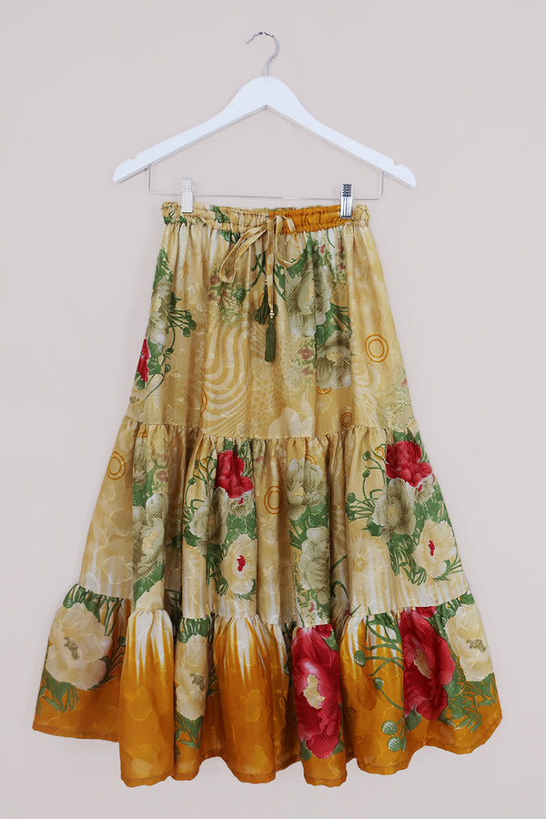 Rosie Midi Skirt - Faded Gold Florals - Vintage Indian Sari - Free Size by All About Audrey