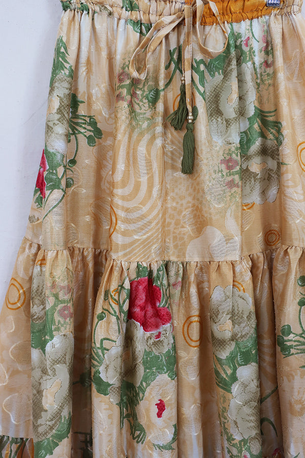 Rosie Midi Skirt - Faded Gold Florals - Vintage Indian Sari - Free Size by All About Audrey