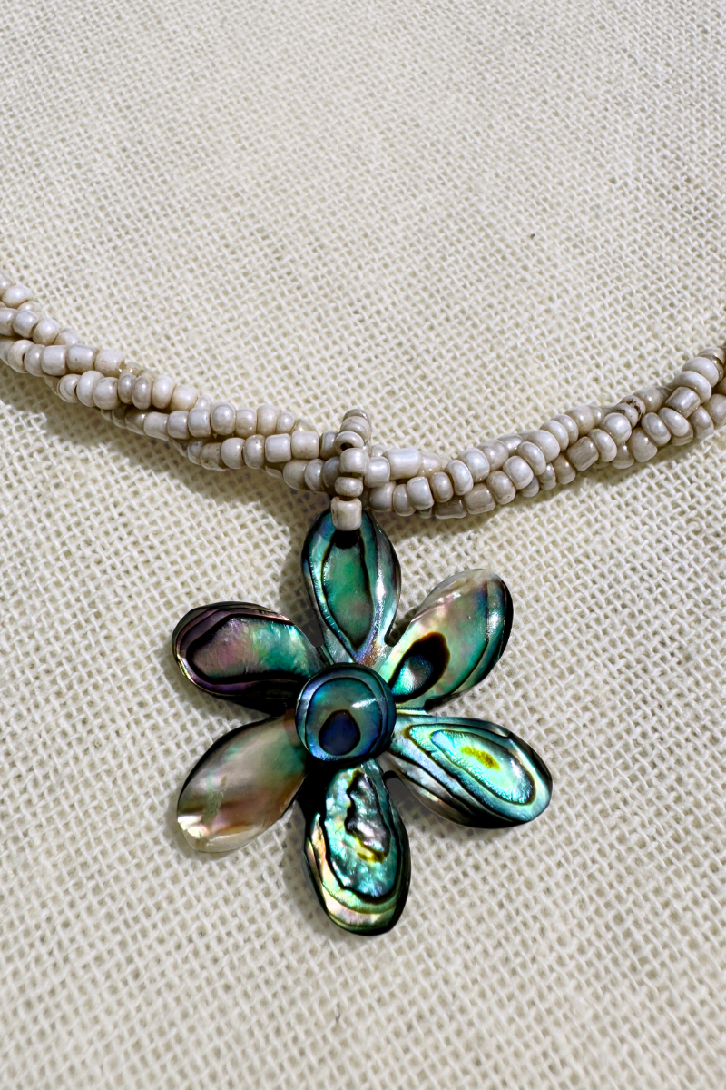 Abalone Flower Beaded Braid Necklace in Cream by All About Audrey