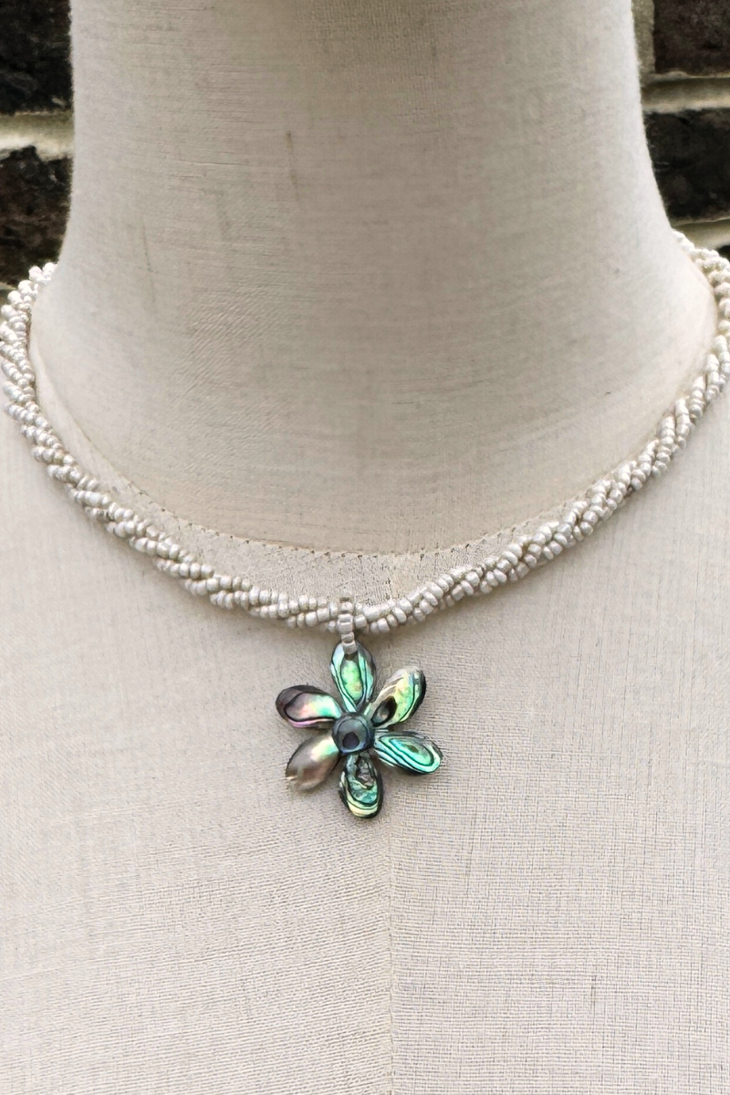 Abalone Flower Beaded Braid Necklace in Cream by All About Audrey