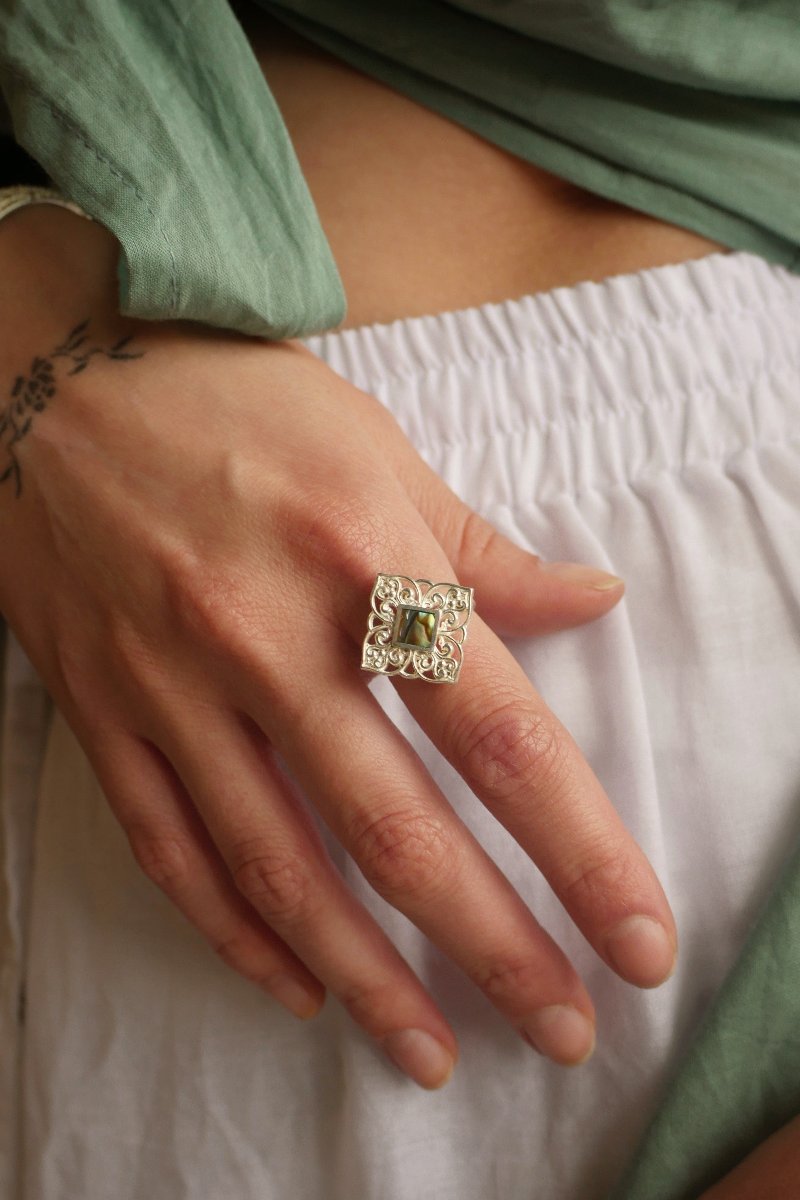 Silver Abalone Square Ornate Ring All About Audrey