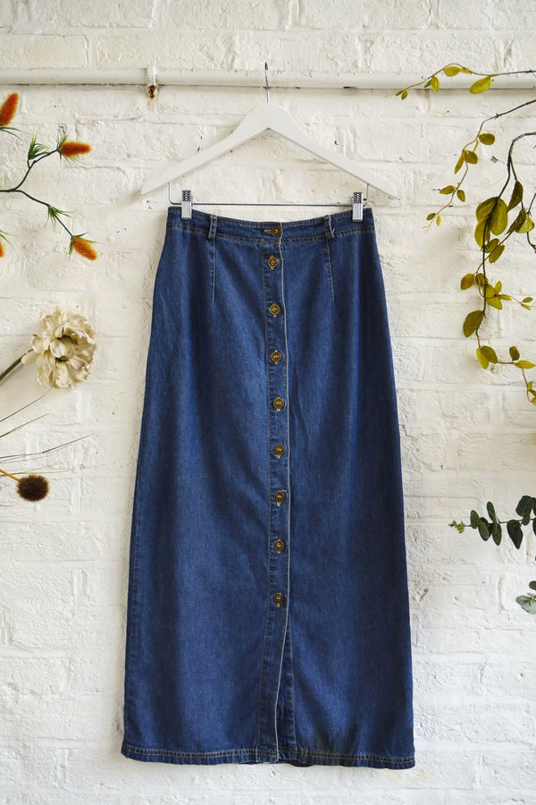 Vintage Denim Skirt - Surf Blue Maxi Button Up - Size W28