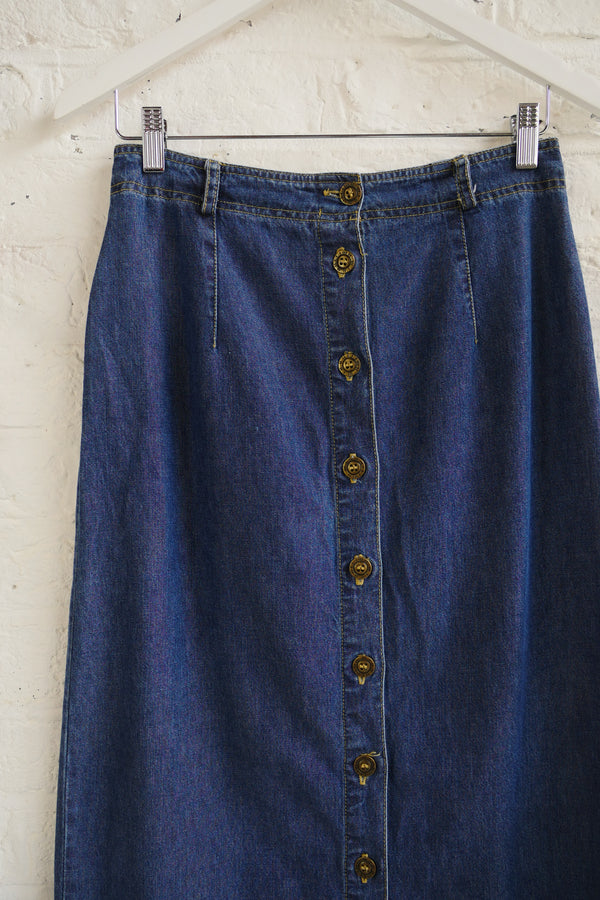 Vintage Denim Skirt - Surf Blue Maxi Button Up - Size W28