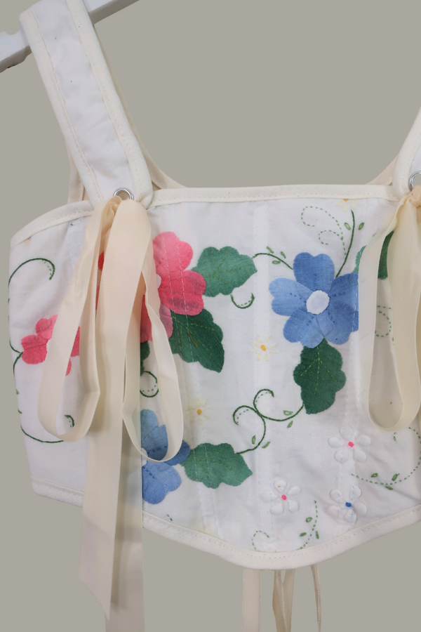 Antoinette Embroidered Corset in French Linen Forget-Me-Nots