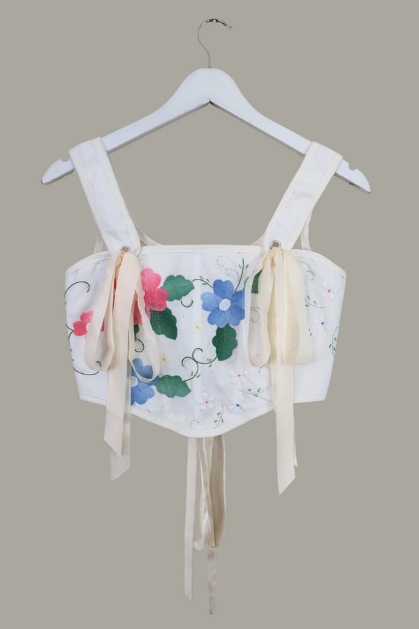 Antoinette Embroidered Corset in French Linen Forget-Me-Nots