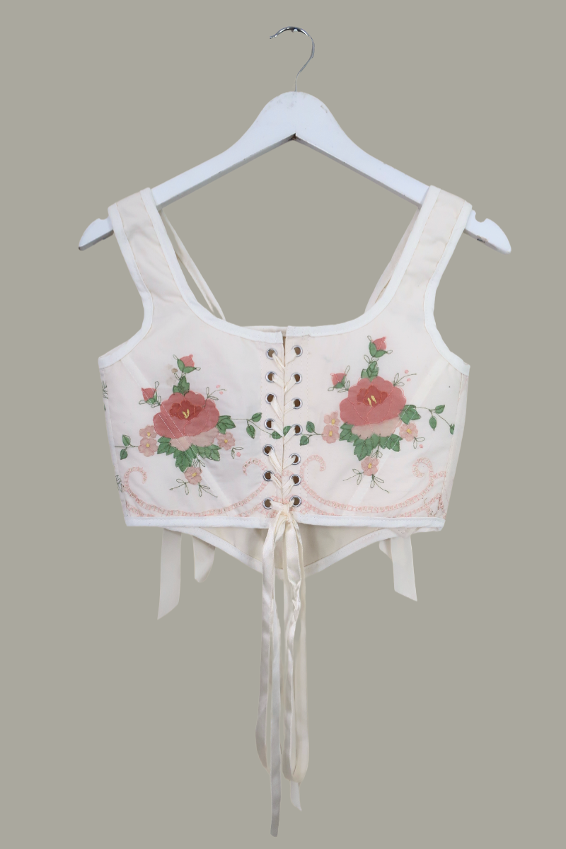 Antoinette Embroidered Corset in Pink Rose of Provins by All About Audrey