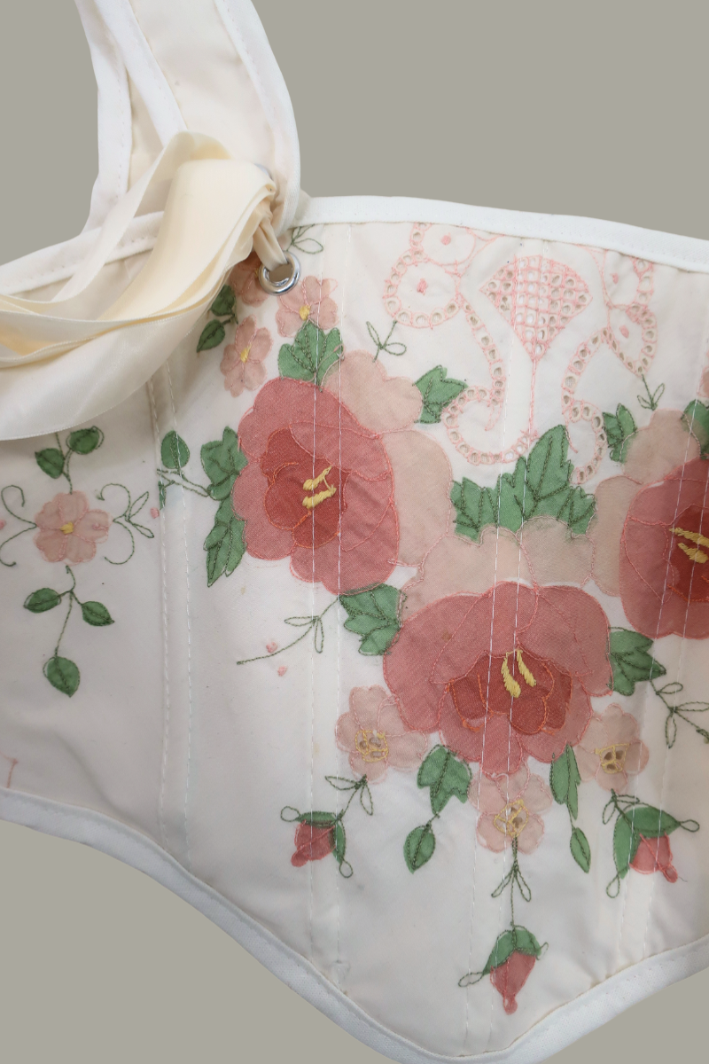 Antoinette Embroidered Corset in Pink Rose of Provins by All About Audrey