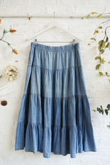 Vintage Denim Skirt - Stone Wash Tiered Midi - Size W34-40