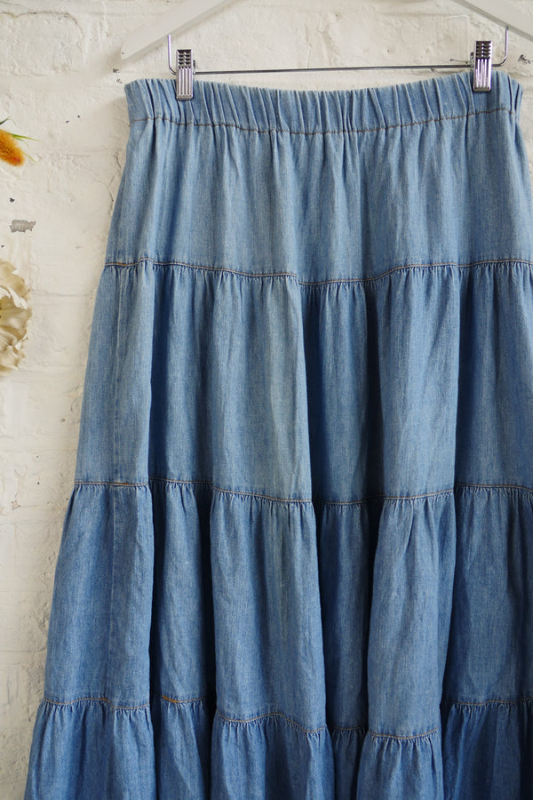 Vintage Denim Skirt - Stone Wash Tiered Midi - Size W34-40