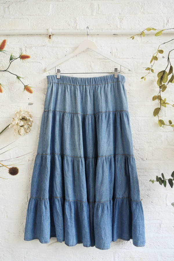 Vintage Denim Skirt - Stone Wash Tiered Midi - Size W34-40