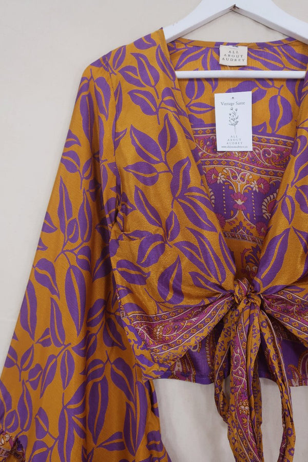 Venus Wrap Top - Psychedelic Purple Leaves - Vintage Sari - Size S/M