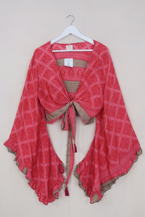 Venus Wrap Top - Sunkist Coral Motif - Vintage Sari - L/XL