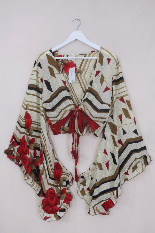 Venus Wrap Top - Jasmine White & Rose Chevron - Vintage Sari - Size S/M