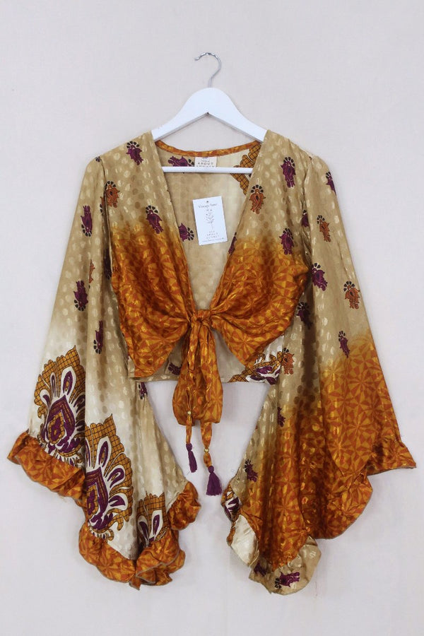 Venus Wrap Top - Shimmering Amber Stones - Vintage Sari - Size S