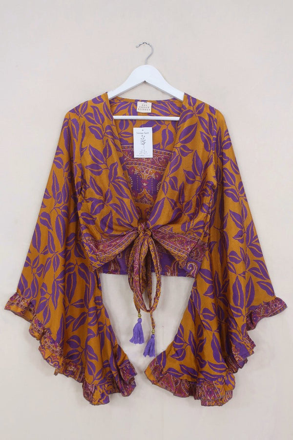 Venus Wrap Top - Psychedelic Purple Leaves - Vintage Sari - Size S/M