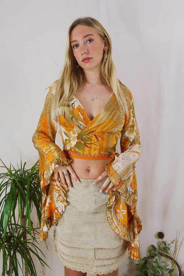 Venus Wrap Top - Tangerine & Tan Floral - Vintage Sari - Size XS by All About Audrey