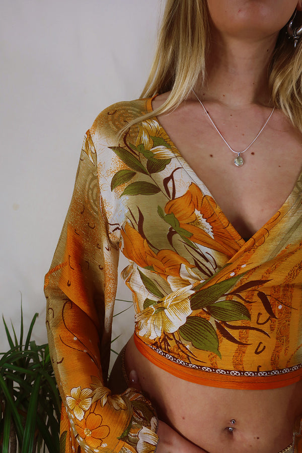 Venus Wrap Top - Tangerine & Tan Floral - Vintage Sari - Size XS by All About Audrey