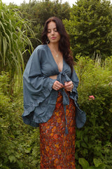 model wears Khroma Venus Wrap Top in Petrol Blue by all about audrey