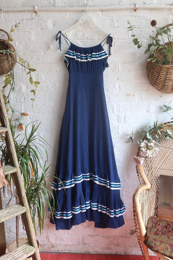 Vintage Dress - 70's Marine Blue Frill Maxi - Size XS by All About Audrey