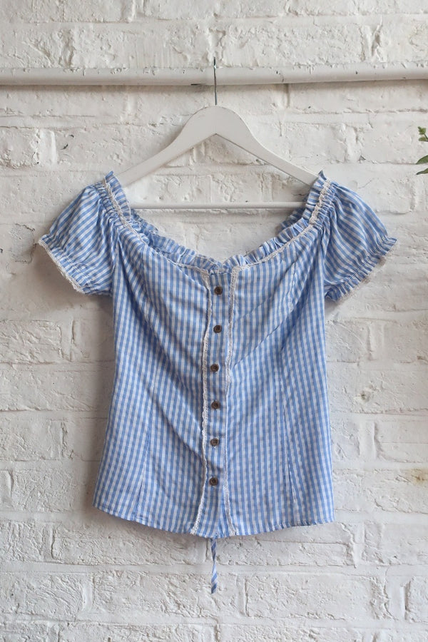 Vintage Milkmaid Blouse - Baby Blue Gingham Lace Up - Size S/M by All About Audrey