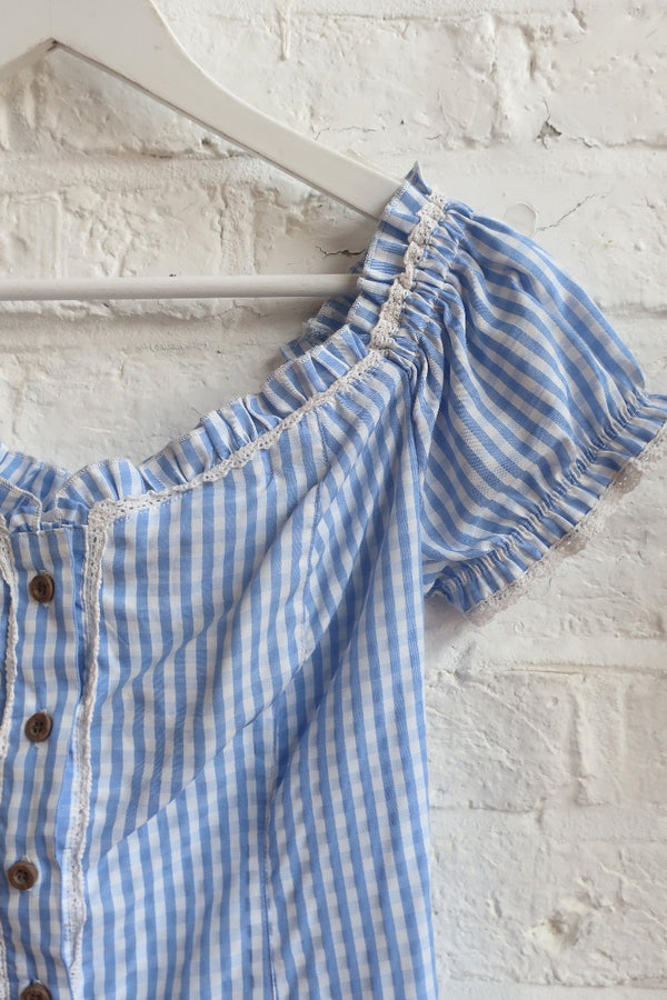 Vintage Milkmaid Blouse - Baby Blue Gingham Lace Up - Size S/M by All About Audrey