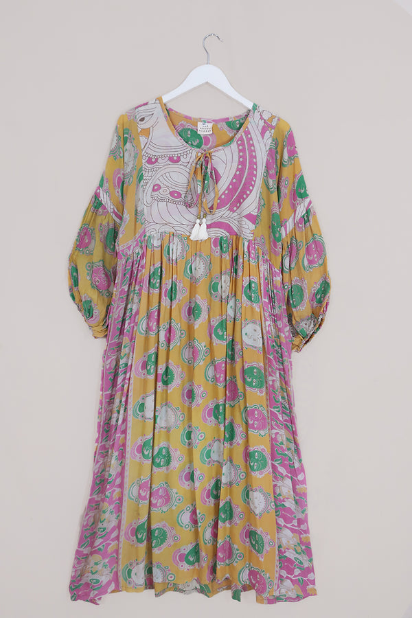 Daisy Maxi Smock Dress - Solar Yellow & Faded Pink - Vintage Cotton - Size M/L