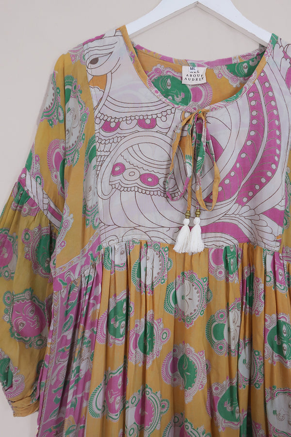 Daisy Maxi Smock Dress - Solar Yellow & Faded Pink - Vintage Cotton - Size M/L