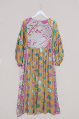 Daisy Maxi Smock Dress - Solar Yellow & Faded Pink - Vintage Cotton - Size M/L