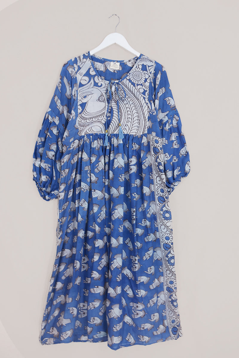 Daisy Maxi Smock Dress - Cobalt Blue & White Peacocks - Vintage Cotton - Size S/M by All About Audrey