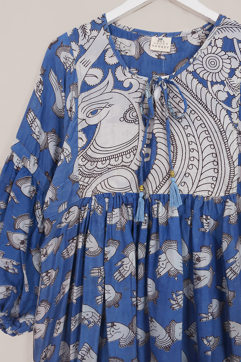 Daisy Maxi Smock Dress - Cobalt Blue & White Peacocks - Vintage Cotton - Size S/M by All About Audrey