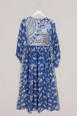 Daisy Maxi Smock Dress - Cobalt Blue & White Peacocks - Vintage Cotton - Size S/M by All About Audrey