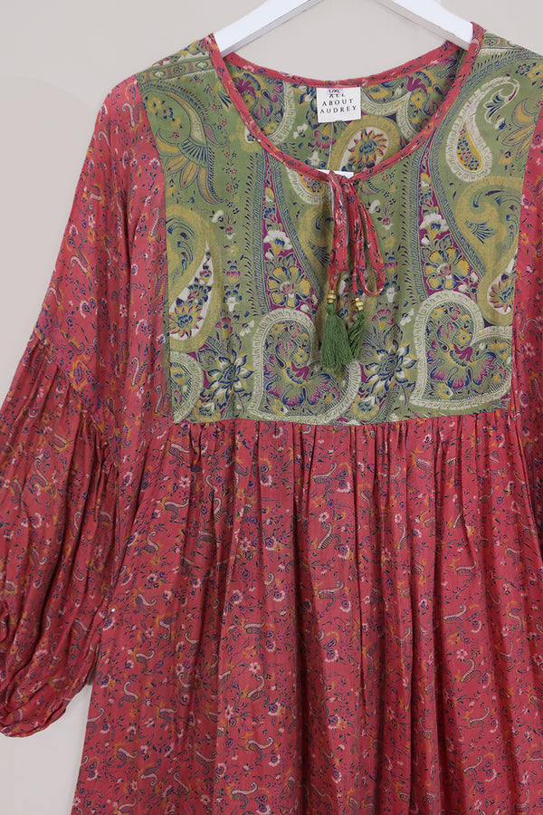 Daisy Midi Smock Dress - Vintage Cotton - Pink Terracotta & Sage Paisley - Size L/XL by All About Audrey