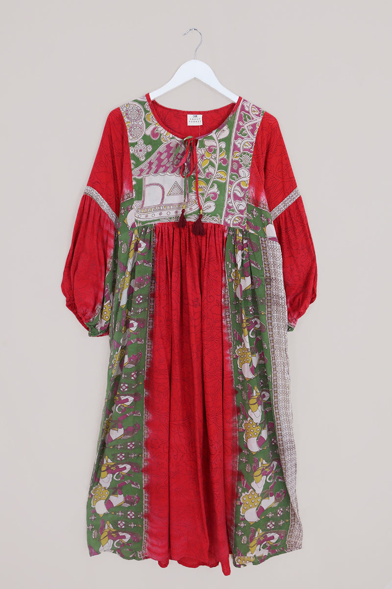 Daisy Maxi Smock Dress - Poppy Red & Green - Vintage Cotton - Size S/M