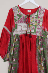 Daisy Maxi Smock Dress - Poppy Red & Green - Vintage Cotton - Size S/M