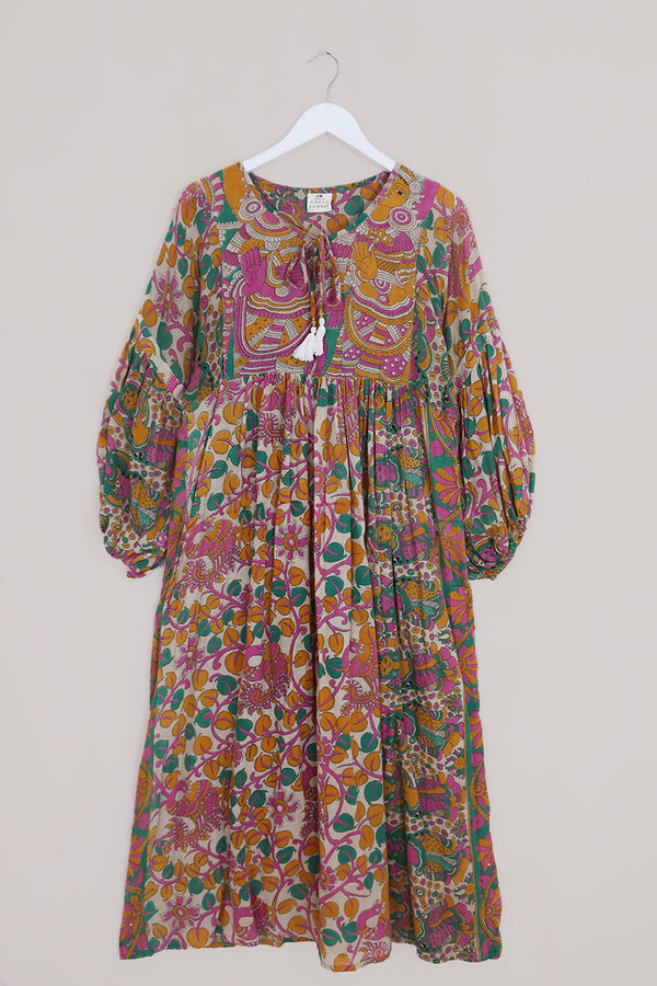 SALE Daisy Maxi Smock Dress - Gold, Jade & Pink Mural - Vintage Cotton - Size S/M by All About Audrey