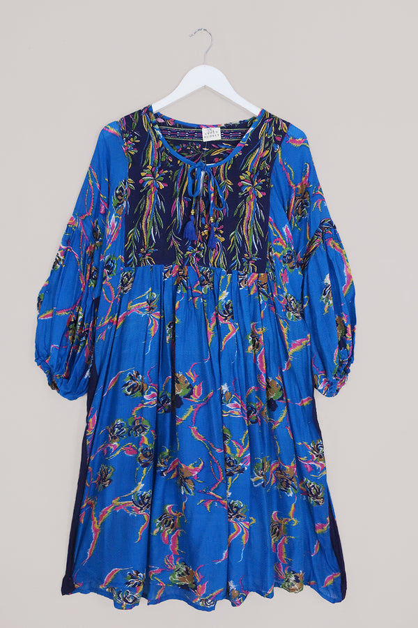 Daisy Midi Smock Dress - Vintage Cotton - Royal Blue Floral Reflections - Size L/XL by All About Audrey