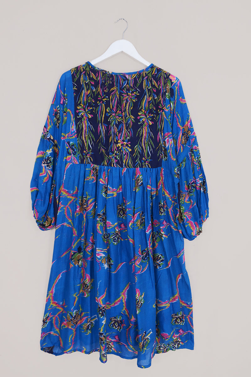 Daisy Midi Smock Dress - Vintage Cotton - Royal Blue Floral Reflections - Size L/XL