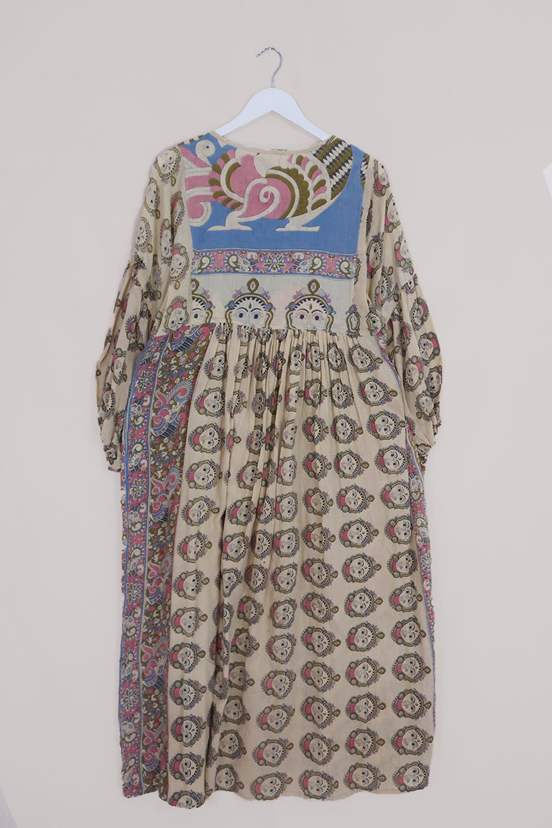 Daisy Maxi Smock Dress - Sand & Olive Green Carvings - Vintage Cotton - Size S/M