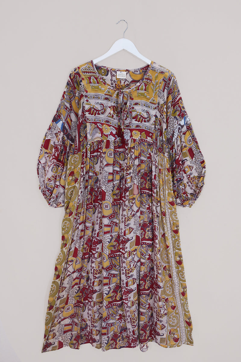 Daisy Maxi Smock Dress - Autumn Red & Yellow Slice of Life - Vintage Cotton - Size M/L