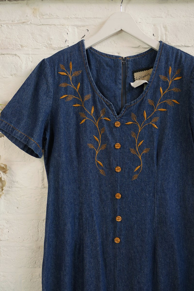 Vintage Indigo Denim Dress with Golden Bamboo - Size M/L