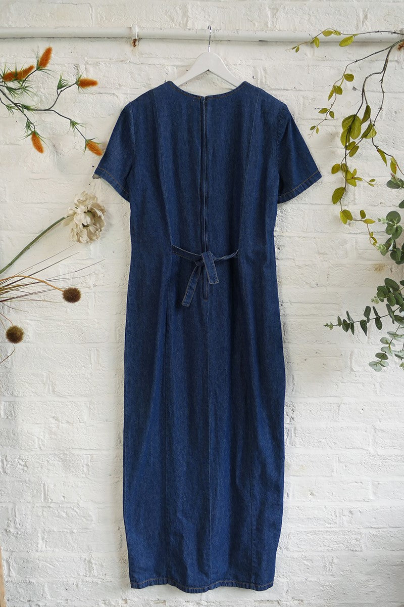 Vintage Indigo Denim Dress with Golden Bamboo - Size M/L