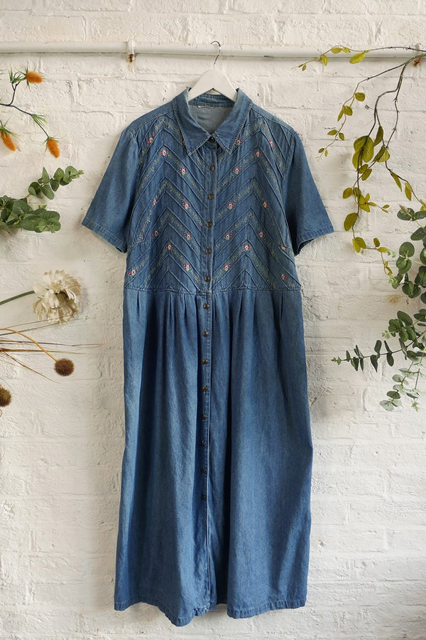 Vintage Floral Garland Denim Shirt Dress - Size L by All About Audrey