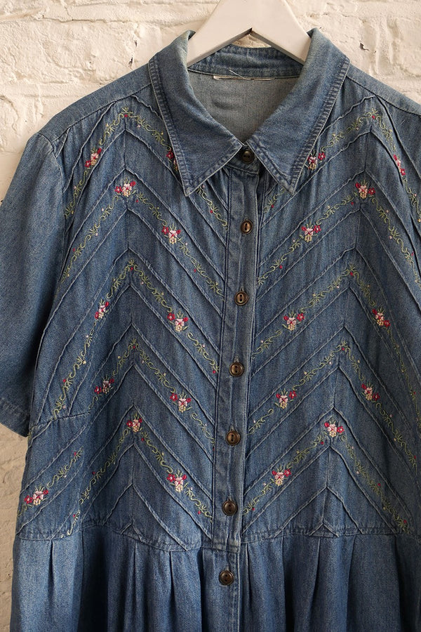 Vintage Floral Garland Denim Shirt Dress - Size L by All About Audrey